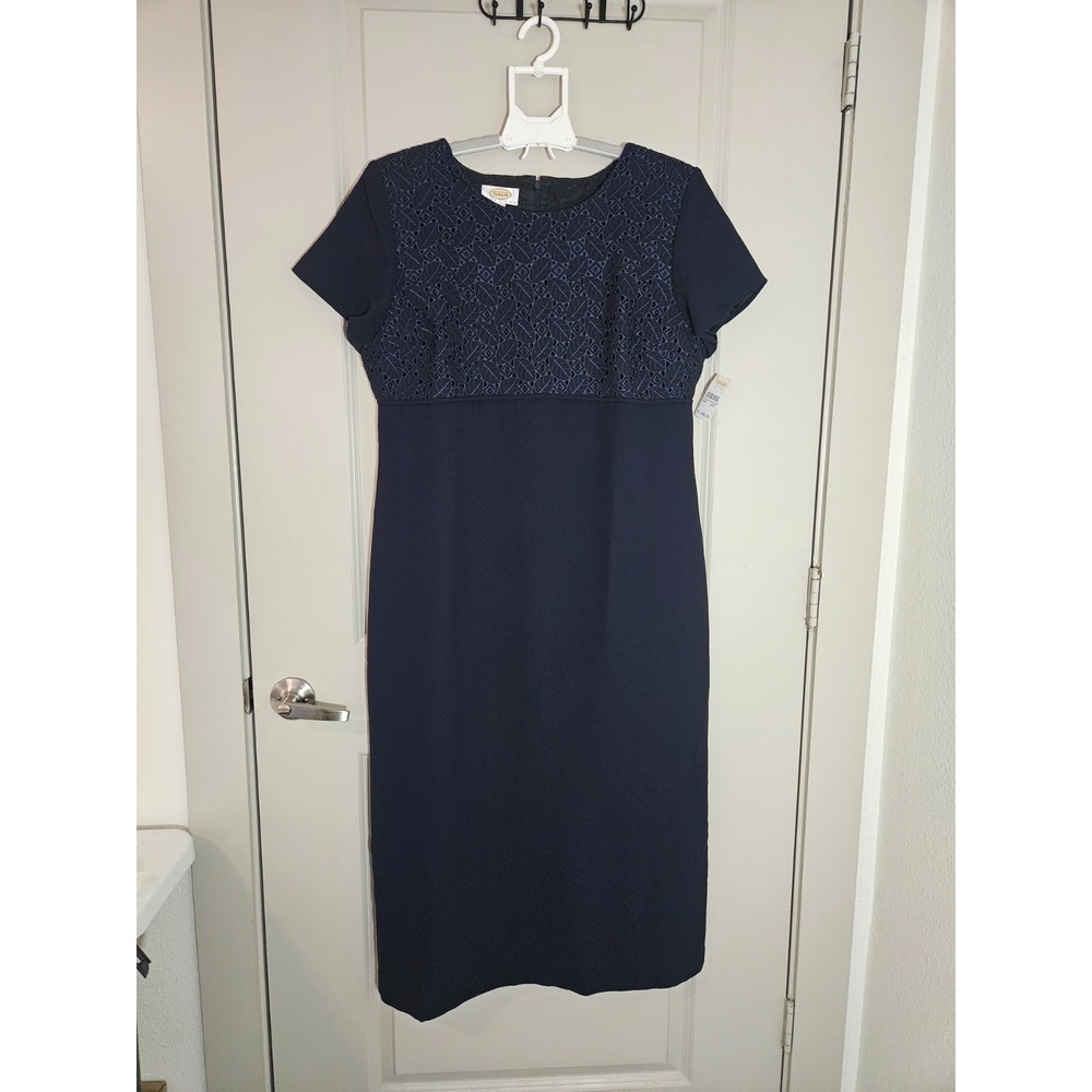 $188 NEW Vintage Talbots‎ Embroidered Midi Sheath Dress 16 Petite Lined Navy